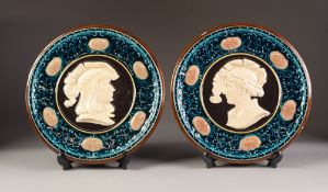 PAIR OF AUSTRIAN MAJOLICA POTTERY MOULDED WALL PLAQUES IN THE RENAISSANCE REVIVAL STYLE, each of