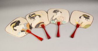 SET OF FOUR JAPANESE CARD SMALL FANS, each of square form with red wood handle, decorated with a