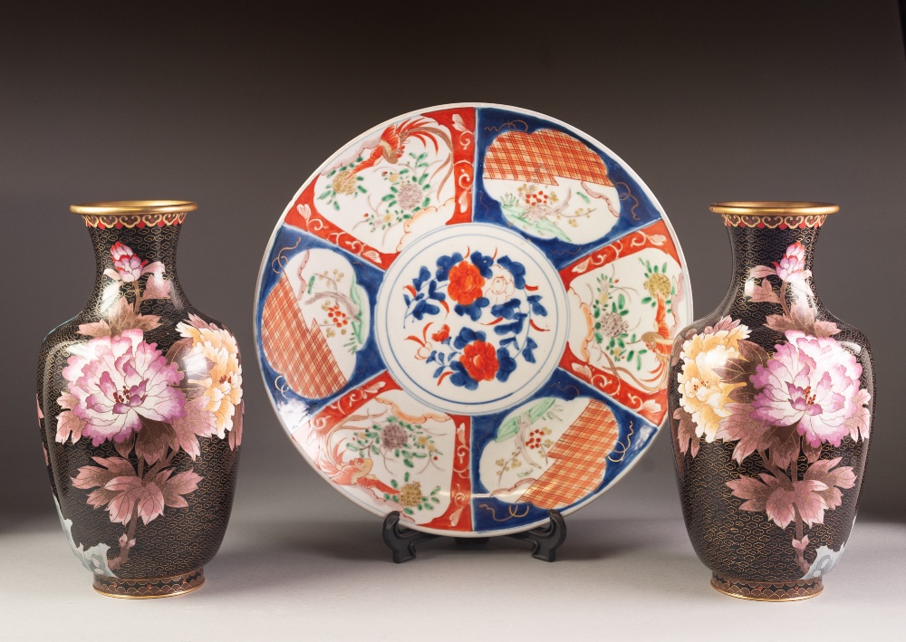 PAIR OF MODERN ORIENTAL CLOISONNE VASES, decorated in colours with birds in flight above flowering