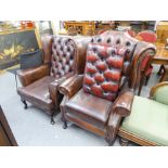 TWO OF BUTTON BACK FIRESIDE ARMCHAIRS, BROWN HIDE UPHOLSTERY WITH STUD DETAIL, RAISED ON CABRIOLE