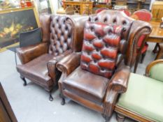 TWO OF BUTTON BACK FIRESIDE ARMCHAIRS, BROWN HIDE UPHOLSTERY WITH STUD DETAIL, RAISED ON CABRIOLE