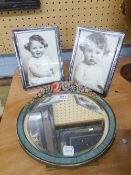 A 1930's BARBOLLA WARE FRAMED CIRCULAR BEVELLED EDGE EASEL MIRROR AND A PAIR OF SILVER PLATED