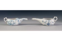 TWO MEISSEN STYLE ANTIQUE PORCELAIN INVALID FEEDING CUPS, painted in underglaze blue with 'Onion'