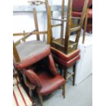 EIGHT MODERN DINING CHAIRS HAVING RED HIDE PAD BACK AND SEAT, WITH STUD DETAIL AND TWO MATCHING
