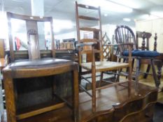 A HARDWOOD LADDER BACK NURSING CHAIR, WITH RUSH SEAT AND TWO DINING CHAIRS (3)