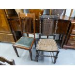EDWARDIAN MAHOGANY DINING CHAIRS AND AN OAK BARLEY TWIST CHAIR, WITH CANE SEAT (2)