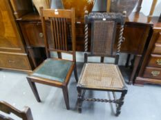 EDWARDIAN MAHOGANY DINING CHAIRS AND AN OAK BARLEY TWIST CHAIR, WITH CANE SEAT (2)