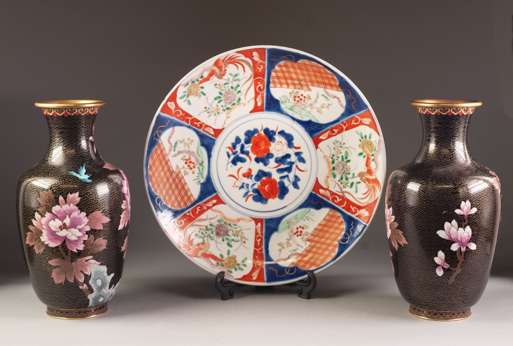 PAIR OF MODERN ORIENTAL CLOISONNE VASES, decorated in colours with birds in flight above flowering - Image 3 of 3