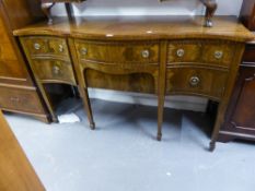 A REPRODUCTION SERPENTINE FRONTED CROSSBANDED AND BOXWOOD STUNG GEORGIAN STYLE SIDEBOARD