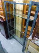 A METAL FRAMED THREE TIER OBLONG WHAT-NOT WITH GLASS SHELVES