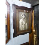 A MONOCHROME PHOTOGRAVURE, YOUNG WOMAN IN FLOWING ROBE AND THE OAK ARTS AND CRAFTS FRAME