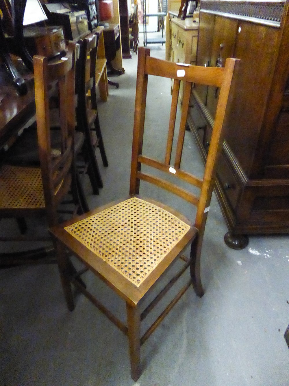 A PAIR OF EDWARDIAN MAHOGANY SIDE/BEDROOM CHAIRS, WITH INSET CANE SEAT AND ANOTHER PAIR SIMILAR