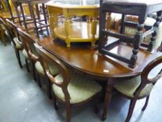 A GOOD QUALITY MAHOGANY REPRODUCTION DINING TABLE WITH TWO EXTRA LEAVES AND A SET OF TEN DINING