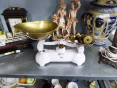 WHITE ENAMELLED KITCHEN BALANCE AND BRASS BELL WEIGHTS