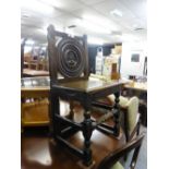 A COMPOSITE ANTIQUE OAK SINGLE CHAIR, THE BACK WITH A CIRCULAR PANEL CARVED WITH KINGS HEAD, PANEL