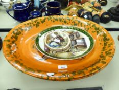 PAIR OF MODERN ITALIAN 'STOVIT' FOOD PLATTERS, ORANGE GLAZE WITH FRUIT DECORATION AND PAINT