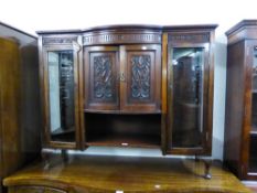 A LOW DISPLAY CABINET WITH TWO BOWED DOORS, FLANKED BY TWO GLASS DOORS (lacks top)