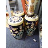 GROUP OF THREE MODERN GARDEN/BARREL SEATS WITH DARK BLUE GROUND AND BAMBOO AND PRUNUS DECORATION,