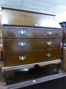 OAK BUREAU WITH THREE LONG DRAWERS, ON CABRIOLE SUPPORTS