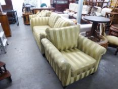 A MODERN GOOD QUALITY THREE PIECE SUITE INCLUDING A TWO SEATER SETTEE AND TWO ARMCHAIRS, HAVING GOLD