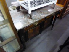 A TWO DOOR WALNUTWOOD WOOD WASHSTAND WITH MARBLE TOP (marble top)