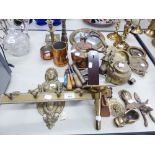 QUANTITY OF BRASS AND COPPER WARES TO INCLUDE; PAIR OF SPIRAL CANDLESTICKS, PAIR OF EMBOSSED