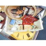 A PEG DOLL, DOLLS HOUSE ITEMS, 24 LABELLED TINS OF FOOD, DOLLS HOUSE CHINA TEA SET, SET OF SIX