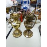 NEAR PAIR OF VICTORIAN BRASS OIL LAMPS, EACH WITH GLASS FUNNEL (2)