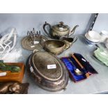 ELECTROPLATE OVAL TEA SERVICE OF 3 PIECES; EP. OVAL ENTREE DISH AND COVER, TOAST RACK, SALVER AND