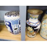 MODERN GARDEN/BARREL SEAT, CORNFLOWER BLUE GROUND WITH PANEL DECORATION FEATURING GEISHAS, HAVING