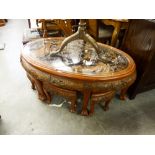 CHINESE PROFUSELY CARVED WOOD OVAL COFFEE TABLE WITH GLASS INSET PROTECTOR, ON CABRIOLE SUPPORTS AND