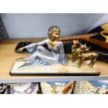 MODERN ART DECO STYLE FIGURE GROUP OF A YOUNG WOMAN SEATED WITH TWO FAWNS, ON MARBLE AND BLACK