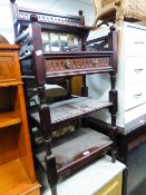 A MAHOGANY THREE TIER WHAT-NOT WITH A DRAWER ABOVE AND A MIRROR BACK