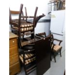 A REPRODUCTION D- END DINING TABLE AND SIX CHAIRS (INCLUDING TWO CARVERS) HAVING STRIPED SILK PAD