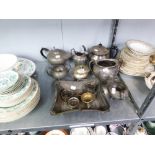 PEWTER WARES TO INCLUDE; TEA POTS, MILK JUG, SUGAR BOWLS ETC.....