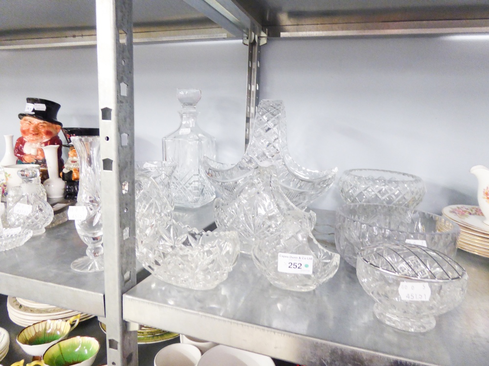 CUT GLASS WARE TO INCLUDE; DECANTER, THREE CUT GLASS BASKETS, BOWLS, VASES ETC.....