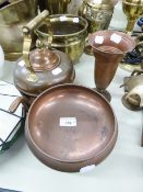 GROUP OF COPPER METAL WARES TO INCLUDE A KETTLE WITH BRASS OVERHEAD HANDLE, A BOWL ON PEDESTAL STAND