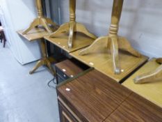 FOUR SMALL WOODEN PUB TABLES WITH SQUARE TOPS AND PEDESTAL BASES (4)