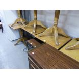 FOUR SMALL WOODEN PUB TABLES WITH SQUARE TOPS AND PEDESTAL BASES (4)