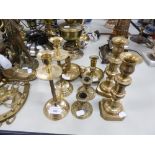 THREE PAIRS OF MID 20th CENTURY BRASS CANDLESTICKS AND TWO CHAMBERSTICK STANDS (8)