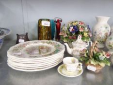 GROUP OF MISC CERAMICS TO INCLUDE; SIX BRAMLEY HEDGE PLATES, FOUR COLOURED GLASS VASES ETC.....