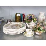 GROUP OF MISC CERAMICS TO INCLUDE; SIX BRAMLEY HEDGE PLATES, FOUR COLOURED GLASS VASES ETC.....