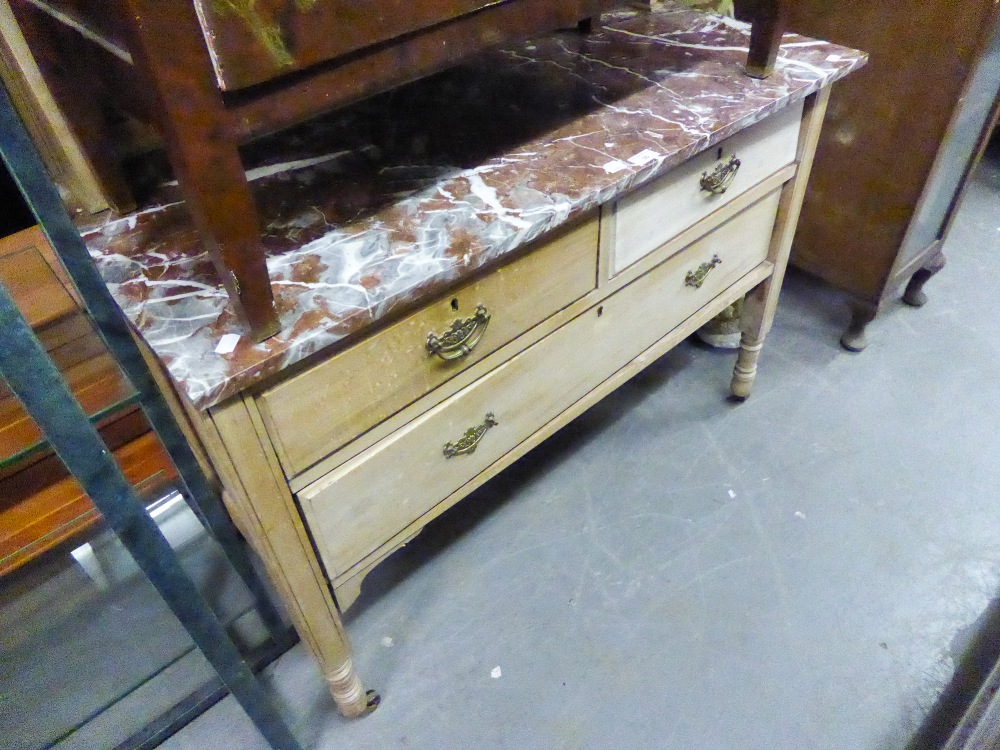 A LIGHT OAK WASHSTAND, WITH TWO SHORT DRAWERS ABOVE ONE LONG DRAWER, MARBLE TOP AND BACK BOARD (