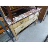 A LIGHT OAK WASHSTAND, WITH TWO SHORT DRAWERS ABOVE ONE LONG DRAWER, MARBLE TOP AND BACK BOARD (