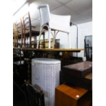 A WHITE LOOM TUB CHAIR AND A MATCHING LINEN RECEIVER AND AN OAK DINING CHAIR (3)