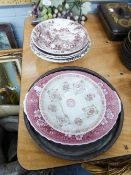 A SILVERED COPPER MID EASTERN CIRCULAR TRAY, ALSO SIX MYOTT AND OTHER POTTERY DISHES ETC.....