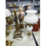 MID 20th CENTURY ADAPTED BRASS OIL LAMP WITH WHITE SPIKED GLASS WELL AND SHADE, GLASS FUNNEL AND A