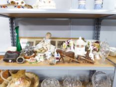 MIXED LOT- TINTED BISQUE RECEIVER GROUP, SMALL PAINTING OF A PARROT ON MILK GLASS, CARVED SOFTWOOD