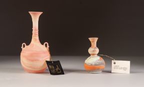NEKER, JERUSALEM TWO HANDLED HAND PAINTED GLASS VASE, AND ANOTHER SIMILAR SMALLER BY ALMAHD, 3 3/