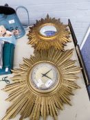 BATTERY OPERATED GILT WOOD 'SUNBURST' WALL CLOCK, 24" X 16", (battery holder rusted), and a